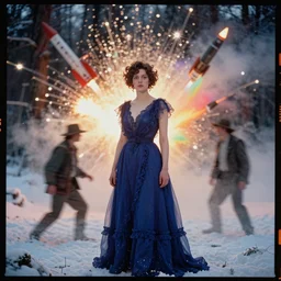 beautiful portrait anna - varney cantodea, sopor aeternus & the ensemble of shadows, kodak portra 4 0 0, wetplate, blueberry, 1 9 1 0 s style, motion blur, portrait photo of a backdrop, explosions, rockets, bombs, sparkling, lumberjack, forest, snow, rainbow coloured fog, by georges melies and by britt marling