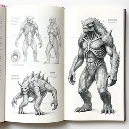 scientific journal of new species'anatomy, fantasy, detailed notes, anatomical drawing of monsters