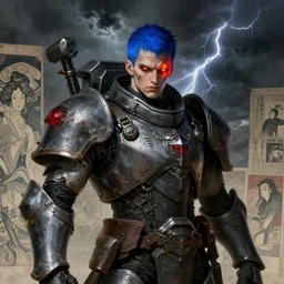 portrait of gothic and futuristic young man, warhammer, cyberpunk armor, a lot of scars, thunderstorm, blue head, fire eyes, some red, the middle ages, highly detailed, artstation, in the style of moebius, jugendstil and classic japanese print, art by greg rutkowski and jean delville