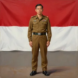 a realistic painting depicting a man wear brown veteran uniform, standing elegantly, wearing loafers, behind him is a detailed indonesian flag which the top flag is red and the bottom is white, both halves are the same size.