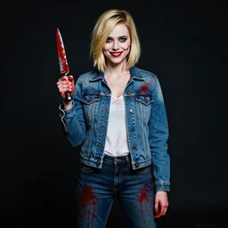 loish, artgerm, Joshua Middleton art, pretty female Alison Brie serial killer holding bloody knife, blood on clothes and face, sarcastic smile, symmetrical eyes, symmetrical face, full body, jean jacket, jeans, short blonde hair, middle shot, highly saturated, deep blacks