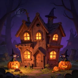 by night, spooky little wooden house, witches with a fire, pumpkins, kawaii, chris moore, trending on artstation