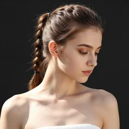 portrait of a slavic young woman, medium closeup, braided ponytail, sunlight, dark background, sideview, looking down, tube top