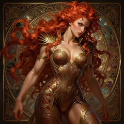 cheaky ginger, confident, passionate , seductive, strong, sweaty, intricate fashion clothing, insane, intricate, highly detailed, digital painting, artstation, concept art, smooth, sharp focus, illustration, Unreal Engine 5, 8K, art by artgerm and greg rutkowski and alphonse mucha