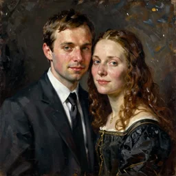 marriage portrait of jim halpert and pamela morgan, oil painting by jan van eyck, northern renaissance art, oil on canvas, wet - on - wet technique, realistic, expressive emotions, intricate textures, illusionistic detail