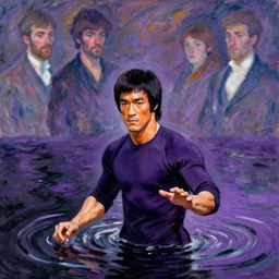 bruce lee emerging from purple and black water by greg rutkowski, claude monet, conrad roset, takato yomamoto, rule of thirds, sigma look, beautiful