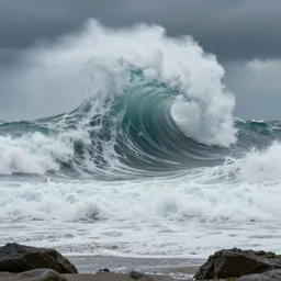 a mega-tsunami seen from the shore, cinematic