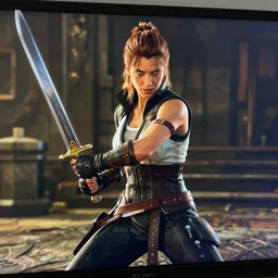 Vera Farmiga in Mortal Kombat 11,  fighting stance, sword, ps5 cinematic screen capture, 4k
