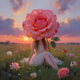 giant rose flower as a head, full body girl sitting in a flower field, surreal photography, sunrise, dramatic light, impressionist painting, colorful clouds, digital painting, artstation, simon stalenhag