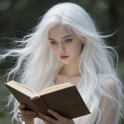 a girl reading a book, hair flowing down, 8 k, hyperrealistic, hyperdetailed, white hair, blue eyes, fantasy portrait by laura sava