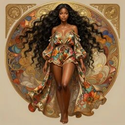cute nigerian woman with a beautiful face and eyes, long hair, wearing a flowery romper, long legs, fantasy, intricate, full body shot, sexy, highly detailed, digital painting, artstation, concept art, wallpaper, smooth, sharp focus, realistic photo by artgerm and greg rutkowski and alphonse mucha