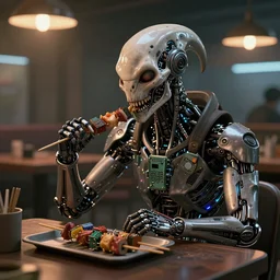 A terminator with borg implants sitting in a cyberpunk cafe and eating skewer kebabs made of electronic components. Unreal 5 nanite, path tracing render, global illumination. Highly detailed 8k. Bloom, cinematic post-processing