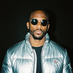 photo, black man in memphis tennessee, silver metallic moncler jacket, circular sunglasses, head and shoulders portrait, kodak ektachrome, greenish expired film, award winning, low contrast