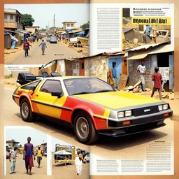a red and yellow delorean in ajegunle slums of lagos - nigeria, magazine collage, masterpiece,