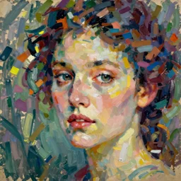an extreme close-up abstract portrait of a lady enshrouded in an impressionist representation of Mother Nature and the meaning of life by Igor Scherbakov, abstract, thick visible brush strokes, figure painting by Anthony Cudahy and Rae Klein, vintage postcard illustration, minimalist cover art by Mitchell Hooks