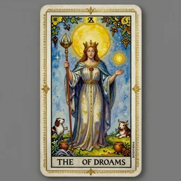 beautiful tarot card of the queen of dreams by carol bak and jacek yerka and dan mumford, oil on canvas, intricate border, symmetrical, 8k highly professionally detailed, HDR, CGsociety