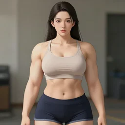 woman with many large muscles in shorts | | very very anime!!!, fine - face, audrey plaza, realistic shaded perfect face, fine details. anime. realistic shaded lighting poster by ilya kuvshinov katsuhiro otomo ghost - in - the - shell, magali villeneuve, artgerm, jeremy lipkin and michael garmash and rob rey