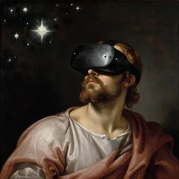 socrates wearing a virtual reality headset looking up towards the stars, renaissance painting