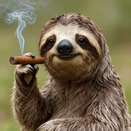 anthropomorphic sloth, the head is fusion hybrid of sloth and man, smoking a cigar