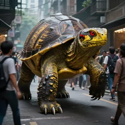 A huge monster Lizard, 20 feet long, with an armored head like a turtle shell, Red eyes, sharp claws, and yellow and black stripes walks down a crowded street terrifying pedestrians, photorealistic, Studio Lighting, Photographed in the Style of Annie Leibovitz, Cinematic, Atmospheric