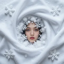 surreal photography silk snowflakes with tiny centered human face in the middle. surreal photography