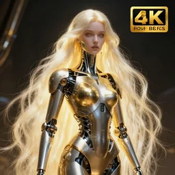 gold and silver tones, cybernetic princess, style of moebius, james jean, mcbess, star wars, long glowing ethereal hair, cinematic, highly detailed, award winning, 8 k photorealistic