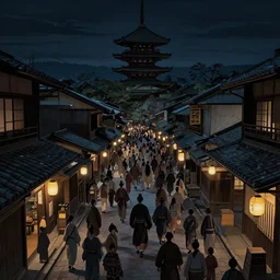 Medieval Kyoto street at night landscape, haunted crowded streets, 8K, trending on artstation, golden ratio, low key, ultra detailed, concept art, art by Kentaro Miura