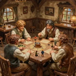 hobbits playing d & d in a tavern, by alan lee, intricate, highly detailed furnishings, 2 0 mm miniature figures on the table, digital painting, artstation