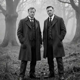 medium long shot, 3 / 4 shot, full body, of clint eastwood and tom hardy posing, sharp eyes, serious expressions, in the style of peaky blinders, detailed, black and white, sharp, dreamy, misty woods, epic photo by talented photographer diane arbus