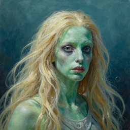 Painting of jabba the hutt underwater, long blonde hair, delicate, pale slime green skin, by Edward Hopper. 8K. Extremely detailed.