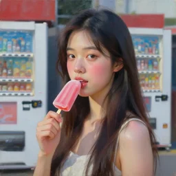 oil painting by ilya kuvshinov,, baugh casey, rhads, coby whitmore, of a youthful japanese beauty, long hair, standing eating a popsicle outdoors by vending machines, highly detailed, breathtaking face, studio photography, dawn, intense subsurface scattering, blush, supple look, innocence, intense sunlight