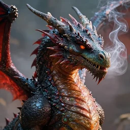 close-up off angle view, portrait, beautiful dragon with wet skin, smoke, volumetric lighting, trending on artstation, blizzard concept artists, cinematic, hyper realism, high detail, octane render, high contrast, vibrant, Frank frazetta , 8k