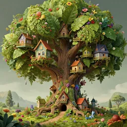 a hiper intricate 3 d artwork of a beatifull little houses in the big tree made from big leaves and flowers, intricate, highly detailed, digital painting, artstation, concept art, extremely detailed, sharp focus, octane render wide view, smooth, digital illustration, colorfull, by wlop, by hieronimus bosch, in style of mark ryden