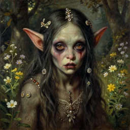 a beautiful but sinister and creepy goblin in layers of fear, with haunted eyes, violence in her eyes, 1 9 7 0 s, seventies, delicate embellishments, a little blood, woodland, gloaming light shining on wildflowers, painterly, offset printing technique, by alexandre cabanel