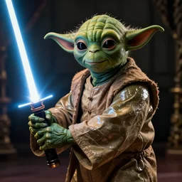 burlesque muscular yoda, throbbing lightsaber, boudoir style photography, hyper realistic, glistening abs,