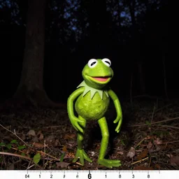 scary trail camera photo of kermit the frog at night walking in the forest. blury. dark background. flash