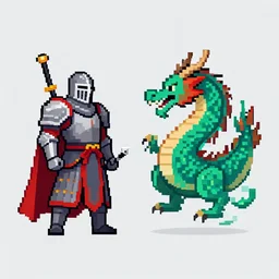 a pixel art of a knight versus a dragon, eastern mythology