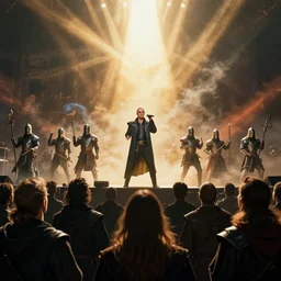 epic cinematic artwork of medieval warriors watching depeche mode perform, 4 k, sun rays, masterpiece