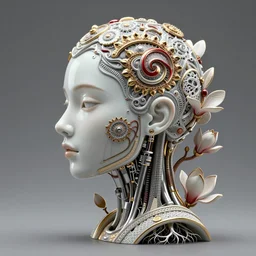 complex 3d render ultra detailed of a beautiful porcelain profile young woman face, mechanical cyborg, 150 mm, beautiful studio spotlight, rim light, silver gold red details, fine foliage lace, magnolia big leaves and stems, roots, mesh wire, Alexander Mcqueen haute couture, luxurious, high fashion, mandelbrot fractal, filigran intricate details, hyper realistic, anatomical, facial muscles, cable wires, microchip, elegant, octane render, H.R. Giger style, 8k