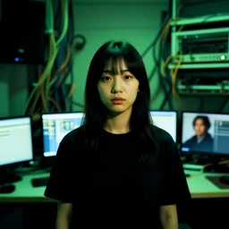 portrait of lain iwakura, background room full of cables and computers by yoshitoshi abe, ruan jia and joao ruas, atmospheric, green tones