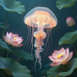 lotus flowers floating underwater like a jellyfish, leaves as tentacles, photographic, photorealistic, volumetric lighting, detailed, smooth, artstation, octane render, wolp
