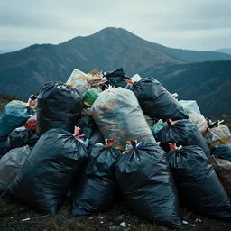 photograph of a mountain of garbage bags, cinematic, beautiful melancholic