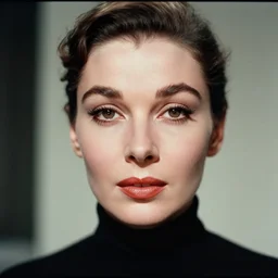analog photojournalism photography by eve arnold. filmic. a vintage close up frontal face portrait of beautiful hollywood actress 1 9 6 0 s. black turtle neck. natural light. taken with a pentax on color slide film. symmetrical balance. in - frame