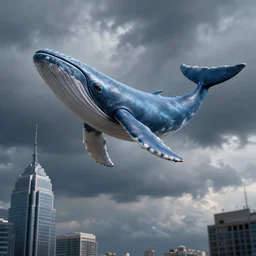 a whale flying in the sky, a dark cloudy day, a shot from skyscrapper, 3 d, octane render, vibrant, award winning ultra realistic, dmt