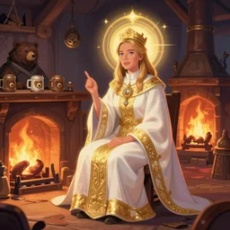 kate beckinsale weared in priest white and gold robe and nimbus, sit in fantasy tavern near fireplace, behind bar deck with bear mugs, medieval dnd, colorfull digital fantasy art, 4k