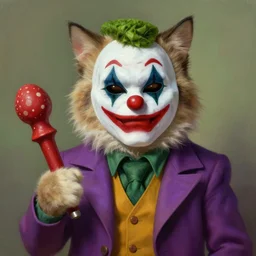 graphic, hyperreal, portraiture illustration of a anthropomorphic handsome ragdoll cat wearing a joker mask and holding a blake, digital painting, trending on artstation