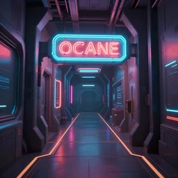 Octane render, 3d model, futuristic hallway within a spaceship.Inspired by the design of a neon shop sign. First person perspective.