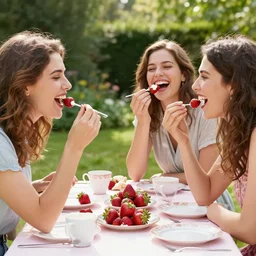 pretty women feeding each other cream cheese - covered strawberries during a garden tea party, jovial, laughter, high definition, art by rupi kaur