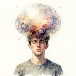 guy with a bubble bubble head exploding, ink and watercolor illustration masterpiece, perfectly realistic yet surreal, by ryan ottley