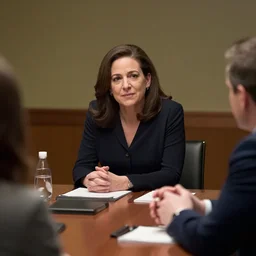 Movie still of Sheryl Sandberg at a board meeting in The Doomsday Machine, directed by Steven Spielberg